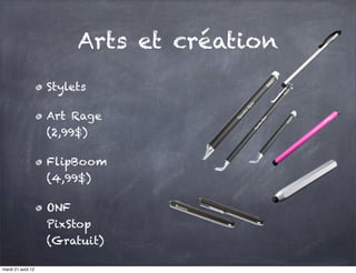 Arts et création
                   Stylets

                   Art Rage
                   (2,99$)

                   FlipBoom
                   (4,99$)

                   ONF
                   PixStop
                   (Gratuit)

mardi 21 août 12
 