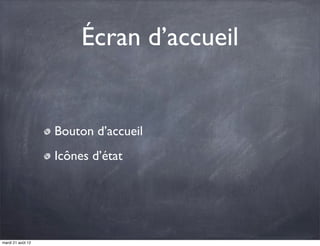 Écran d’accueil


                   Bouton d’accueil
                   Icônes d’état




mardi 21 août 12
 