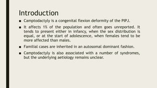 Introduction
■ Camptodactyly is a congenital flexion deformity of the PIPJ.
■ It affects 1% of the population and often goes unreported. It
tends to present either in infancy, when the sex distribution is
equal, or at the start of adolescence, when females tend to be
more affected than males.
■ Familial cases are inherited in an autosomal dominant fashion.
■ Camptodactyly is also associated with a number of syndromes,
but the underlying aetiology remains unclear.
 