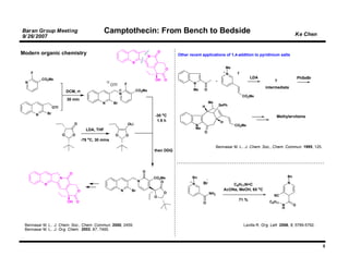 Baran Group Meeting                                        Camptothecin: From Bench to Bedside                                                                                          Ke Chen
9/ 26/ 2007

                                                                                                     O
Modern organic chemistry                                                                                     Other recent applications of 1,4-addition to pyridinium salts
                                                                                             N
                                                                                N
                                                                                                         O                                    Me
     F                                                                                                                                        N     I-
             CO2Me                                                                                                                                          LDA                             PhSeBr
                                                                                                 OH      O                                                                ?
 N                                                                        F                                          N
                                                                OTf
                                                                                                                                                                     intermediate
                                                                                    CO2Me                            Me      O
                                 DCM, rt
                                                                      N
                                                                                                                                                         CO2Me
                                 30 min
                                                         N       Br                                                               Me
                                                                                                                             H           SePh
                       OTf
                  Br
         N                                                                                       -30 oC                                                                    Methylervitsine
                                                                                                  1.5 h                                   H
                                      O                                       OLi                                       N                          CO2Me
                                                LDA, THF                                                                Me
                                                                                                                             O
                             O        O                           O       O
                                              -78 oC, 30 mins
                                                                                                                                        Bennasar M. L.. J. Chem. Soc., Chem. Commun. 1995, 125.
                                                                                                 then DDQ




                                                                                         O
                                  O
                             N                                                                   CO2Me              Bn                                                             Bn
                                                                                     N              O                                                                              N
              N                                                                                                     N        Br                   C6H11N=C
                                          O                           N         Br                                                            AcONa, MeOH, 65 oC
                                                                                                         O                        NH2
                                                                                                 O                                                                        NC
                                 OH       O
                                                                                                                                                     71 %              C6H11
                                                                                                                             O
                                                                                                                                                                               N        O
                                                                                                                                                                               H



 Bennasar M. L.. J. Chem. Soc., Chem. Commun. 2000, 2459.                                                                                                Lavilla R. Org. Lett 2006, 8, 5789-5792.
 Bennasar M. L.. J. Org. Chem. 2002, 67, 7465.



                                                                                                                                                                                                     5
 