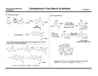Baran Group Meeting                                      Camptothecin: From Bench to Bedside                                                                                               Ke Chen
9/ 26/ 2007

[4+1] Radical Annulation:
                                                                                                               Curran and Shibasaki:
  CO2H                                                                                O
                   1. PCl5               O
                   2. HBr                                                        N                                                                                                  OMe
                                    HN                                                                                   OMe
          CN       3. MeOH                                                                             CO2Me
                                                     CO2Me                  Br                                                                5 mol % SmLn                     N               OTBS
  CO2H                         Br                                                                                    N             OTBS
                                                                                                  Et                                        1.5 equiv TMSCN
                                                                                                                                                                                               CN
                                                                       PhNC                                    SMT                                                  SMT
                                                                    Me3SnSnMe3                                                              EtCN, -40 oC, 18 h                        Et       OTMS
                                                                                                                               O
                                                                                                                                                                                   98 %, 84 % ee

                                                                                                                                           OMe                                       O
                                                                                                  O
                                                                                          N                     1. ICl                                     TMSI, cat H2O
                                                                                                                2. HCl-EtOH            N          O        CH3CN, 87 %         HN               O
                     dl-Camptothecin                                        N
                                                                                                                71 % (2 steps)     I                   O                   I                         O
                                                                                                       CO2Me                                Et    OH                                      Et    OH
                                                                                          Et
                                                                                                                                                                           > 99 % ee after
 Over 100 derivatives of camptothecin have been prepared by Dr. Curran's                                                                                              recryst. from MeOH-CHCl3
 research group utlizing this approach.

               O                                     O

                                                                 PhNC                                     O
          N                                      N                                                  N
                                                                                     N
     Br                R                                     R

                                                                                                          R

                                             O                                                O
                                     N                                           N

                           N                                            N

                                                                                                                     Shibasaki M.; Curran D. P. J. Am. Chem. Soc. 2001, 123, 9908-9909.
                                             R                                                    CO2Me              Shibasaki M. J. Am. Chem. Soc. 2000, 122, 7412-7413.
                                                                                     Et

               Curran D. P. J. Am. Chem. Soc. 1992, 114, 5863-5864.


                                                                                                                                                                                                         7
 