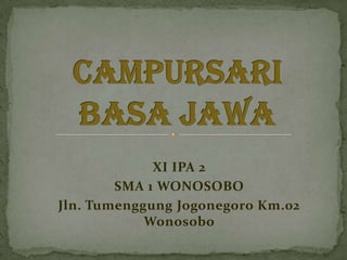 XI IPA 2
SMA 1 WONOSOBO
Jln. Tumenggung Jogonegoro Km.02
Wonosobo
 