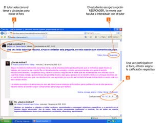 2 El tutor selecciona el tema y da pautas para iniciar el foro 3 El estudiante escoge la opción RESPONDER, la misma que faculta a interactuar con el tutor 4 Una vez participado en el foro, el tutor asigna la calificación respectiva 