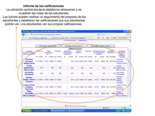 Informe de las calificaciones   La ubicación central donde la plataforma almacenan y se muestran las notas de los estudiantes. Los tutores pueden realizar un seguimiento del progreso de los estudiantes y establecer las calificaciones que sus estudiantes podrán ver. Los estudiantes ven sus propias calificaciones.  