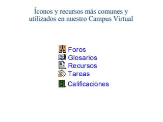 Íconos y recursos más comunes y  utilizados en nuestro Campus Virtual 