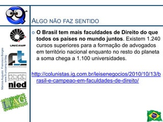 O apagão de profissionaisBrasil precisa urgentemente de profissionais de qualidade na área de exatas, e muitos!“O Brasil corre risco de sofrer um apagão no desenvolvimento”. Todos os ramos da engenharia vão precisar de novos profissionais.Brasil poderá precisar de 2,4 milhões de engenheiros até 2022 se o PIB crescer 5%.A engenharia brasileira pode não dar conta do volume de investimentos programados para a exploração do pré-sal e realização da Copa e Olimpíadas.http://colunistas.ig.com.br/guilhermebarros/2010/01/25/brasil-corre-risco-de-apagao-no-desenvolvimento-diz-entidade-de-engenharia/http://economia.ig.com.br/vidas+na+contramao+do+mercado+de+trabalho/n1237590528742.html7