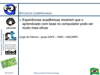 A responsabilidade é de todos Quem vem para a área de exatas, normalmente gosta de matemáticaMatemática é vista pelos alunos como algo divertido?É tão legal como futebol?Ou dança?Ou música?Claro que é!Mas, lógico, depende de como é apresentada...(cases da equação de segundo grau e da fórmula de trigonometria)26/11/201026Marcos Augusto Francisco Borges