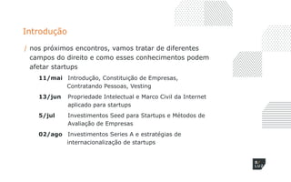 Introdução
/ nos próximos encontros, vamos tratar de diferentes
campos do direito e como esses conhecimentos podem
afetar startups
11/mai Introdução, Constituição de Empresas,
Contratando Pessoas, Vesting
13/jun Propriedade Intelectual e Marco Civil da Internet
aplicado para startups
5/jul Investimentos Seed para Startups e Métodos de
Avaliação de Empresas
02/ago Investimentos Series A e estratégias de
internacionalização de startups
 