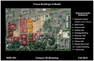 Future Buildings to Model


                                                       Winthrop University
                                                          Building List

                                                   1 = Digiorgio Campus
                                                      Center (Current Model)
                                                   2 = West Center
       3       2   1
                                                   3 = Johnson Hall
                                                   4 = Roddey Hall
   4                                               5 = Rutledge Building
                       10    11                    6 = McLaurin Hall
               7
                                                   7 = McBryde Hall
  5        6           9
                                                   8 = Tillman Hall
               8
                                                   9 = Margret Nance Hall
                                                   10 = Crawford Building
                                                   11 = Owens Hall




INDS 483                    Campus 3D Modeling             Fall 2012
 