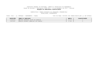 INSTITUTO FEDERAL DE EDUCAÇÃO, CIÊNCIA E TECNOLOGIA DE PERNAMBUCO
                         Exame de Seleção / Vestibular IFPE 2013 - 16 de Dezembro de 2012 - Domingo
                                             RELAÇÃO DE CANDIDATOS CLASSIFICADOS

                                   CAMPUS/POLO: CAMPUS AFOGADOS DA INGAZEIRA (PRESENCIAL)
                                                  MODALIDADE: SUBSEQUENTE

CURSO: 0602 - 1a. ENTRADA - SANEAMENTO - TARDE                     TIPO DE VAGA: COTISTA SIM (RENDA MAIOR QUE 1,5 SM OUTROS)

    INSCRIÇÃO     NOME DO CANDIDATO                                                         MEDIA       CLASSIFICAÇÃO
     13044102     MAYARA FERNANDA LEITE DE ALMEIDA                                          20.12             1
     13037647     CARLOS EDUARDO UMBELINO DOS SANTOS                                        17.80             2
 