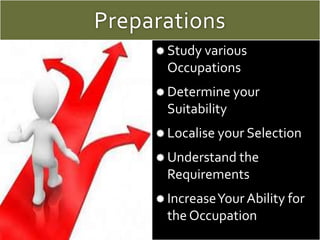 Preparations
 Study various
Occupations
 Determine your
Suitability
 Localise your Selection
 Understand the
Requireme...