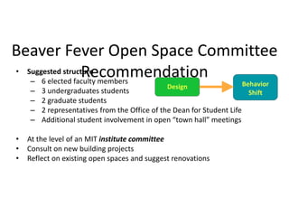 • Suggested structure
– 6 elected faculty members
– 3 undergraduates students
– 2 graduate students
– 2 representatives from the Office of the Dean for Student Life
– Additional student involvement in open “town hall” meetings
• At the level of an MIT institute committee
• Consult on new building projects
• Reflect on existing open spaces and suggest renovations
Design Behavior
Shift
Beaver Fever Open Space Committee
Recommendation
 
