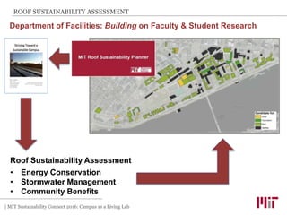| MIT Sustainability Connect 2016: Campus as a Living Lab
Department of Facilities: Building on Faculty & Student Research
ROOF SUSTAINABILITY ASSESSMENT
Roof Sustainability Assessment
• Energy Conservation
• Stormwater Management
• Community Benefits
 
