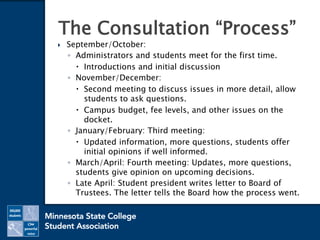  September/October:
◦ Administrators and students meet for the first time.
 Introductions and initial discussion
◦ November/December:
 Second meeting to discuss issues in more detail, allow
students to ask questions.
 Campus budget, fee levels, and other issues on the
docket.
◦ January/February: Third meeting:
 Updated information, more questions, students offer
initial opinions if well informed.
◦ March/April: Fourth meeting: Updates, more questions,
students give opinion on upcoming decisions.
◦ Late April: Student president writes letter to Board of
Trustees. The letter tells the Board how the process went.
The Consultation “Process”
 