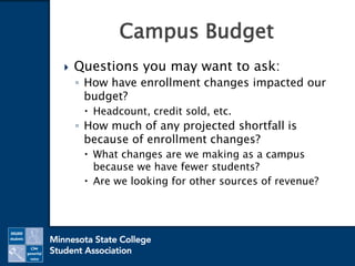  Questions you may want to ask:
◦ How have enrollment changes impacted our
budget?
 Headcount, credit sold, etc.
◦ How much of any projected shortfall is
because of enrollment changes?
 What changes are we making as a campus
because we have fewer students?
 Are we looking for other sources of revenue?
Campus Budget
 
