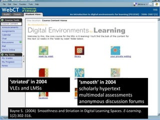 ‘striated’ in 2004
VLEs and LMSs
‘smooth’ in 2004
scholarly hypertext
multimodal assessments
anonymous discussion forums
Bayne S. (2004) Smoothness and Striation in Digital Learning Spaces. E-Learning.
1(2):302-316.
 
