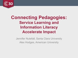 Connecting Pedagogies:
Service Learning and
Information Literacy
Accelerate Impact
Jennifer Nutefall, Santa Clara University
Alex Hodges, American University
 