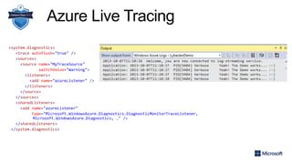 Azure Live Tracing
<system.diagnostics>
<trace autoflush="true" />
<sources>
<source name="MyTraceSource"
switchValue="Warning">
<listeners>
<add name="azureListener" />
</listeners>
</source>
</sources>
<sharedListeners>
<add name="azureListener"
type="Microsoft.WindowsAzure.Diagnostics.DiagnosticMonitorTraceListener,
Microsoft.WindowsAzure.Diagnostics, …" />
</sharedListeners>
</system.diagnostics>
 