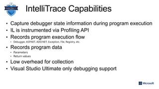 IntelliTrace Capabilities
• Capture debugger state information during program execution
• IL is instrumented via Profiling API
• Records program execution flow
• Debugger, ASP.NET, ADO.NET, Exception, File, Registry, etc.
• Records program data
• Parameters
• Return values
• Low overhead for collection
• Visual Studio Ultimate only debugging support
 