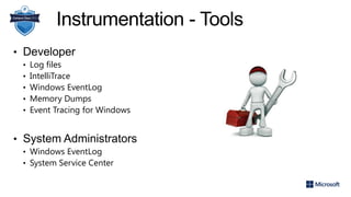 Instrumentation - Tools
• Developer
• Log files
• IntelliTrace
• Windows EventLog
• Memory Dumps
• Event Tracing for Windows
• System Administrators
• Windows EventLog
• System Service Center
 
