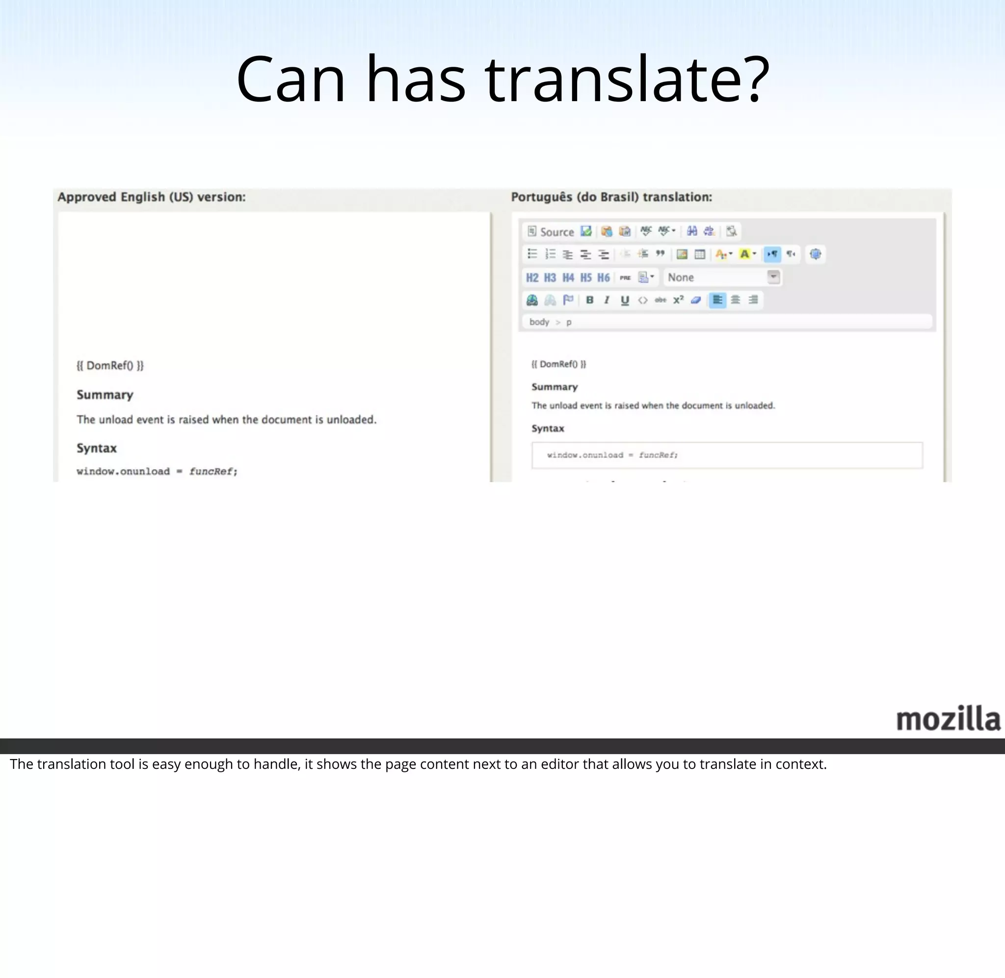 Can has translate?




The translation tool is easy enough to handle, it shows the page content next to an editor that allows you to translate in context.
 