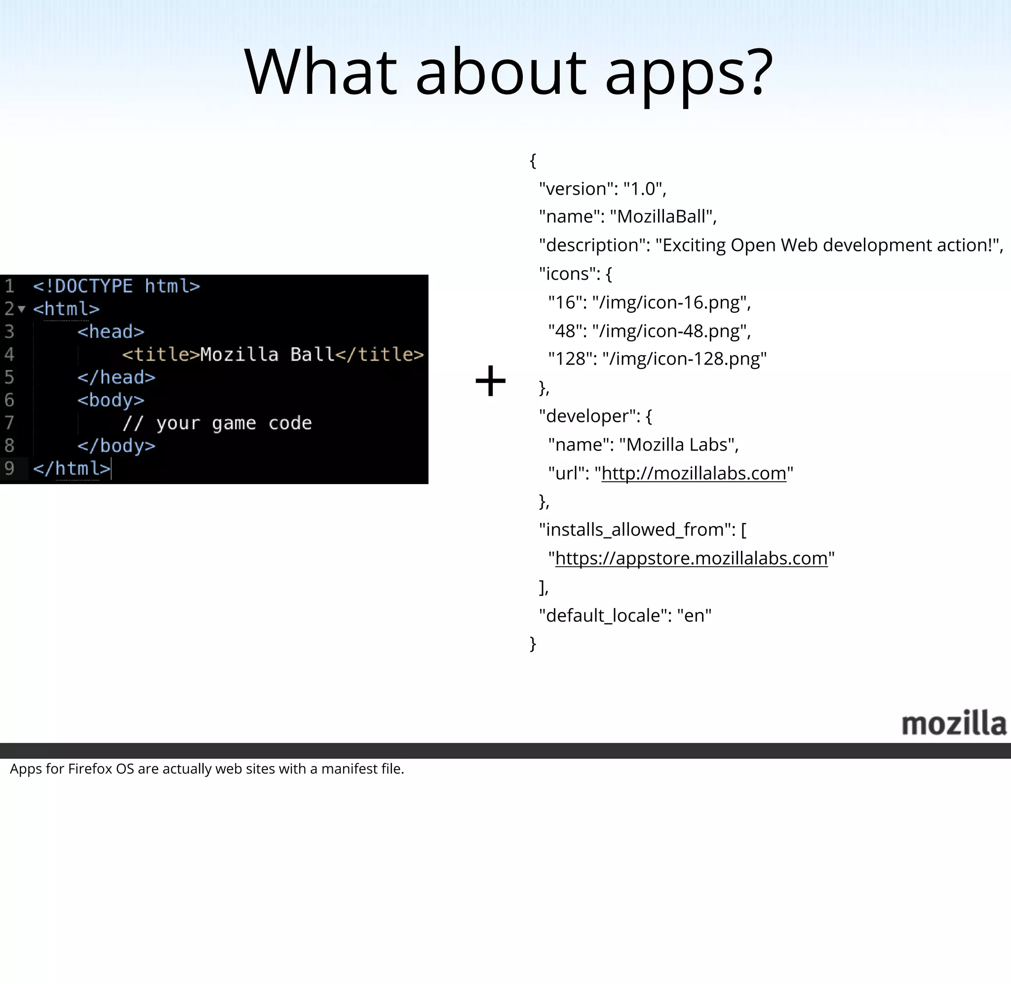 What about apps?
                                                                      {
                                                                          "version": "1.0",
                                                                          "name": "MozillaBall",
                                                                          "description": "Exciting Open Web development action!",
                                                                          "icons": {
                                                                           "16": "/img/icon-16.png",
                                                                           "48": "/img/icon-48.png",


                                                                  +
                                                                           "128": "/img/icon-128.png"
                                                                          },
                                                                          "developer": {
                                                                           "name": "Mozilla Labs",
                                                                           "url": "http://mozillalabs.com"
                                                                          },
                                                                          "installs_allowed_from": [
                                                                           "https://appstore.mozillalabs.com"
                                                                          ],
                                                                          "default_locale": "en"
                                                                      }




Apps for Firefox OS are actually web sites with a manifest ﬁle.
 