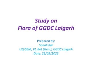 Study on
Flora of GGDC Lalgarh
Prepared by:
Sonali Kar
UG/SEM, VI, Bot (Gen.), GGDC Lalgarh
Date: 21/03/2023
 