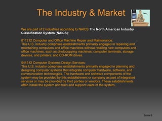The Industry & Market
We are part of 2 industries according to NAICS The North American Industry
Classification System (NAICS):

811212 Computer and Office Machine Repair and Maintenance:
This U.S. industry comprises establishments primarily engaged in repairing and
maintaining computers and office machines without retailing new computers and
office machines, such as photocopying machines; computer terminals, storage
devices, and printers; and CD-ROM drives.

541512 Computer Systems Design Services:
This U.S. industry comprises establishments primarily engaged in planning and
designing computer systems that integrate computer hardware, software, and
communication technologies. The hardware and software components of the
system may be provided by this establishment or company as part of integrated
services or may be provided by third parties or vendors. These establishments
often install the system and train and support users of the system.




                                                                                 Nate 6
 