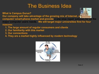 The Business Idea
What is Campus Gurus?
Our company will take advantage of the growing mix of Internet, apps and
computer/ smart-phone market and provide a one stop repair solution for all the
major computer users needs. We will target major universities first for four
reasons:
  1. The large amount of regular consumers and clients
  2. Our familiarity with this market
  3. Our connections
  4. They are a market highly influenced by modern technology




                                                               Nate 2
 