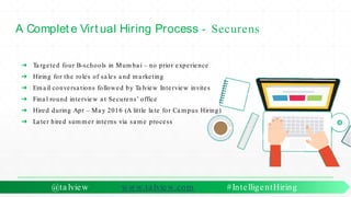 A Complet e Virt ual Hiring Process - Securens
➔ Ta rgeted four B-schools in Mum ba i – no prior experience
➔ Hiring for the roles of sa les a nd m a rketing
➔ Em a il conversa tions followed by Ta lview Interview invites
➔ Fina l round interview a t Securens’ office
➔ Hired during Apr – Ma y 2016 (A little la te for Ca m pus Hiring)
➔ La ter hired sum m er interns via sa m e process
@ta lview www.ta lview.com #IntelligentHiring
 