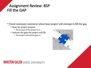 Fill the GAP
• Create summary statement about how project will attempt to fill the gap
• State the project purpose
• The purpose of this project is to…
• Indicate the gaps the project will fill
• This project will address gaps in…
Assignment Review: BSP
 