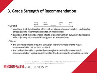 3. Grade Strength of Recommendation
Schunemann, H., Brozek, K., Guyatt, G. & Oxman, A. (2013). GRADE handbook for grading quality of evidence and strength of recommendations {updated 2013}. The GRADE
Working Group, 2013. Retrieved from https://gdt.gradepro.org/app/handbook/handbook.html.
• Strong
• confident that the desirable effects of an intervention outweigh its undesirable
effects (strong recommendation for an intervention)
• confident that the undesirable effects of an intervention outweigh its desirable
effects (strong recommendation against an intervention)
• Weak
• the desirable effects probably outweigh the undesirable effects (weak
recommendation for an intervention)
• the undesirable effects probably outweigh the desirable effects (weak
recommendation against an intervention) but appreciable uncertainty exists
 