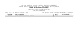 INSTITUTO FEDERAL DE EDUCAÇÃO, CIÊNCIA E TECNOLOGIA DE PERNAMBUCO
                         Exame de Seleção / Vestibular IFPE 2013 - 16 de Dezembro de 2012 - Domingo
                                             RELAÇÃO DE CANDIDATOS CLASSIFICADOS

                                          CAMPUS/POLO: CAMPUS IPOJUCA (PRESENCIAL)
                                                  MODALIDADE: SUBSEQUENTE

CURSO: 0311 - 2a. ENTRADA - QUÍMICA - TARDE                        TIPO DE VAGA: COTISTA SIM (RENDA MAIOR QUE 1,5 SM OUTROS)

    INSCRIÇÃO     NOME DO CANDIDATO                                                        MEDIA        CLASSIFICAÇÃO
    13012196      ALISON MEDEIROS DE MENDONÇA SANTIAGO                                     24.18              1
 