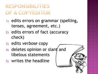 1)   edits errors on grammar (spelling,
     tenses, agreement, etc.)
2)   edits errors of fact (accuracy
     check)
3)  ...