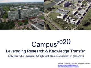 020 Campus² Leveraging Research & Knowledge Transfer between TU/e (Science) & High Tech Campus Eindhoven (Industry) Bert-Jan Woertman, High Tech Campus Eindhoven bert-jan.woertman@philips.com http://nl.linkedin.com/in/woertman 