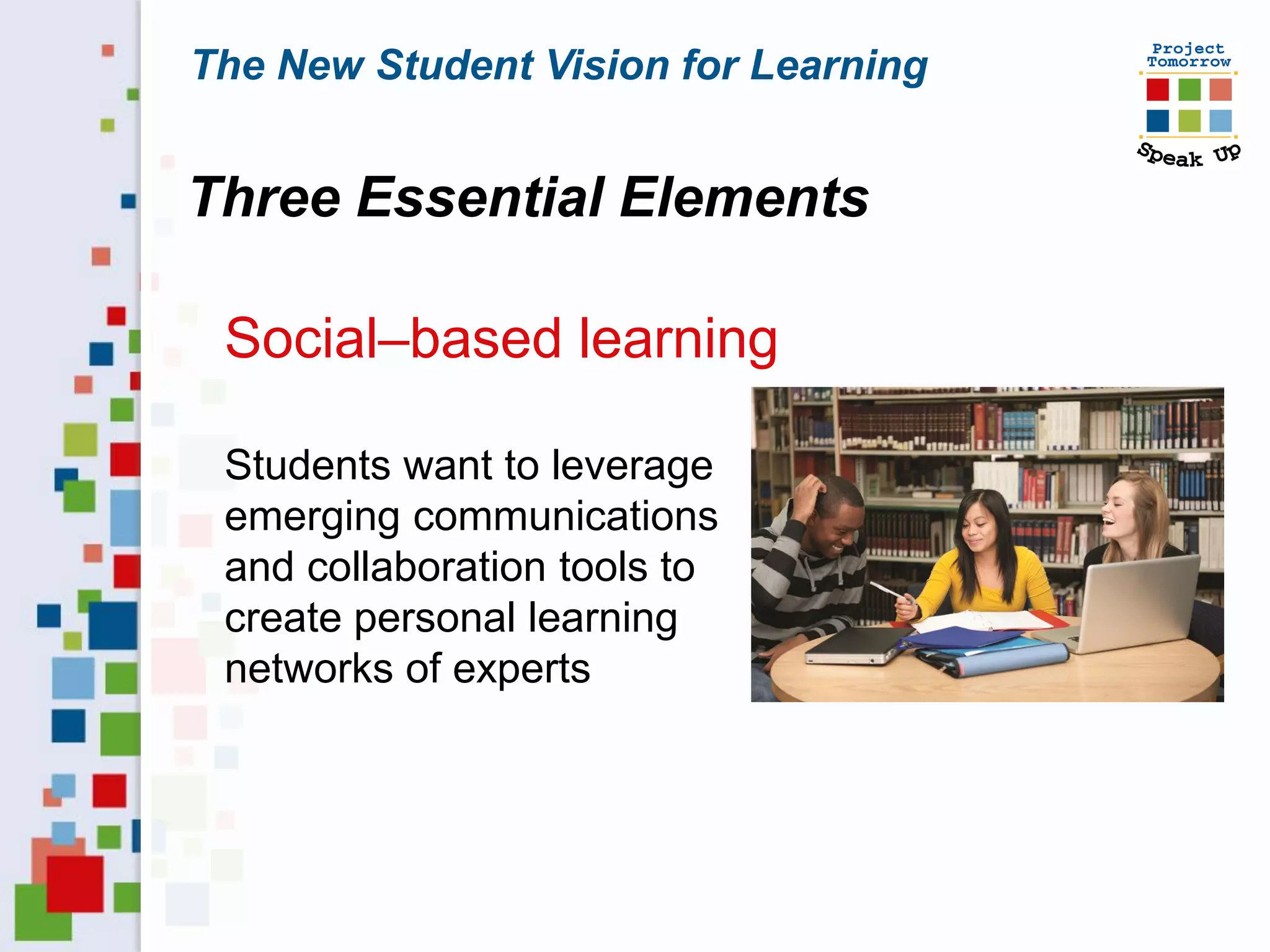 The New Student Vision for Learning


Three Essential Elements

 Social–based learning

 Students want to leverage
 emerging communications
 and collaboration tools to
 create personal learning
 networks of experts
 