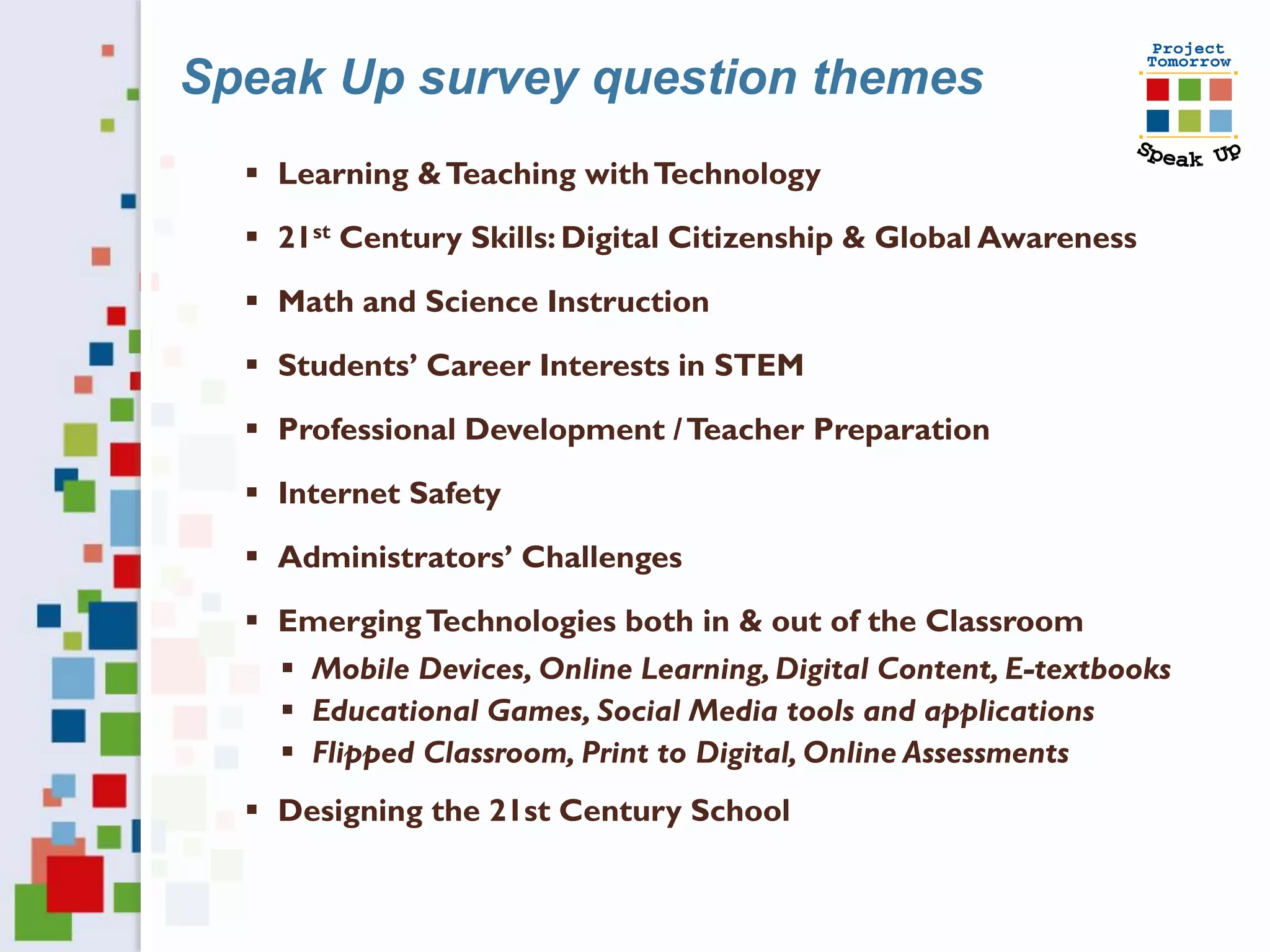 Speak Up survey question themes
   Learning & Teaching with Technology

   21st Century Skills: Digital Citizenship & Global Awareness

   Math and Science Instruction

   Students’ Career Interests in STEM

   Professional Development / Teacher Preparation

   Internet Safety

   Administrators’ Challenges

   Emerging Technologies both in & out of the Classroom
     Mobile Devices, Online Learning, Digital Content, E-textbooks
     Educational Games, Social Media tools and applications
     Flipped Classroom, Print to Digital, Online Assessments
   Designing the 21st Century School
 