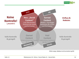 Keine               Neu: „Social                        Earned                          Einfluss &
Kontrolle!            Content“                           Content                         Kodezies
                    („die Öffentlichkeit“         (Medien / Top-Blogger
   („Anarchie“)     bestimmt die Inhalte          bestimmen die Inhalte
                      und Reichweite)                und Reichweite)




                        Owned                             Paid
Volle Kontrolle                                                                    Volle Kontrolle
  & geregelt            Content                          Content                     & geregelt
                  (Unternehmen bestimmen (Unternehmen bestimmen
                         die Inhalte)         die Reichweite)




                                                                   Mirko Lange, talkabout communications gmbh



SoSe 12              Medienpraxis III: Online / Social Media (I) - Daniel Rehn                                  34
 