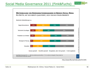 Social Media Governance 2011 (Fink&Fuchs)




                                                                  http://www.ffpr.de/index.php?id=1035



SoSe 12      Medienpraxis III: Online / Social Media (I) - Daniel Rehn                                   58
 