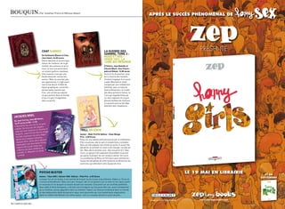 bouquin.                           par Jonathan pretro et Mélissa Idbazzi




                                     chat siamois                                                          la Guerre Des
                                     De Guillaume bianco et ciou,
                                                                                                           sambre, tome 3 :
                                     chez soleil, 24,50 euros
                                                                                                           huGo et iris :
                                     Délire fabuliste et excentrique
                                                                                                           hiver 1831, la
                                     autour de l’enfance, de la gé-
                                                                                                           lune Qui reGarDe
                                     mellité, des animaux et de la                                         D’Yslaire, Jean bastide et
                                     mort, le tout concentré dans                                          vincent mezil, chez futuro-
                                     un univers gothico-mystique,                                          polis et Glénat, 13,50 euros
                                     chat siamois n’est pas une                                            suite et fin du premier cycle
                                     bande dessinée comme les                                              de La guerre des sambre,
                                     autres ! Mais ne vous fiez pas                                        l’histoire tragique d’un jeune
                                     aux apparences, il s’agit avant                                       couple (Bernard et Julie)
                                     tout d’une œuvre truffée de                                           marqué par une malédiction
                                     bijoux graphiques, concoctés                                          familiale, avec en toile de
                                     de bien belle manière par                                             fond la Révolution. À l’instar
                                     ciou, une artiste qui expose                                          des deux premiers tomes, la
                                     un peu partout dans le monde                                          Lune qui regarde brille par
                                     et qui n’a pas l’imagination                                          un récit captivant et un gra-
                                     dans sa poche.                                                        phisme bluffant de réalisme.
                                                                                                           Le second cycle se fait déjà
                                                                                                           attendre avec impatience…



              el
   JacQues br
                                      sic,
                     ea, chez bD mu
   De José corr                 cD
   16,99 eu     ros la bD + 2          peut
                        ceux qu’on ne
   Il fait partie de                 paru
                      ux qui ont dis
    oublier. De ce                     core et
    mais qui sont
                       toujours là. En                                          trill on eDen
                        correa   met en image
    toujours. José                    légen-                                    auteur : maki fuJita editeur : Kaze manga
                      teurs les plus
     l’un des chan                     e:                                       Prix : 6,50 euros
                        ngue français
     daires de la la                       ms                                   Ritsu est une adolescente poursuivie par la malchance.
                       . Ou tre deux albu
      Jacques Brel              beaux titres,                                   Elle a la poisse, elle le sait et compte bien y remédier.
                         s plus
      regroupant se                                                             Alors qu’elle prépare son entrée au lycée, la jeune fille
                         part belle aux
       l’œuvre fait la                 de                                       décide de se prendre en main et de changer cet état de
       citations les    plus célèbres
                                                                                fait. Mais dès le premier jour, elle rencontre Eiri Taka-
                            ster en toute
        l’a rtiste. À dégu                                                      mura, un garçon très populaire et excellent musicien
        intimité.                                                               qui passe la plupart de son temps à sécher les cours.
                                                                                Les problèmes de Ritsu ne font alors que commencer...
                                                                                suivez les péripéties de cette lycéenne et découvrez les
                                                                                aventures qui attendent cette équipe de choc.



                                  PsYcho buster
                                  auteur : Yûya aoKi / akinari nao editeur : Pika Prix : 6,95 euros
                                  Lorsque l’on est un lycéen, il est normal de trouver sa vie un peu trop ordinaire. Kakeru a 15 ans et
                                  s’ennuie profondément. Mais une lueur d’espoir naît en lui quand il voit sa mère et ses sœurs partir
                                  en vacances en lui laissant la maison durant une semaine. concentré sur ses activités préférées
                                  (jeux vidéo et films érotiques), il est bien loin d’imaginer qu’une jeune fille nue, aussi transparente
                                  qu’un fantôme, puisse apparaître dans sa chambre. Kakeru se retrouve embarqué dans un monde
                                  où des adolescents dotés de pouvoirs «psy» sont poursuivis par une mystérieuse organisation.
                                  Après le célèbre get Backers du même auteur, voici un nouveau shonen à suivre de près...



10 / cAMpus MAg MAI                                                                                                                         MAI cAMpus MAg / 11
 