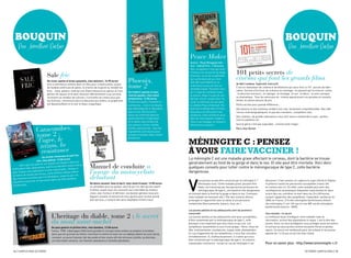 bOUQUIn                                                                                                                                                                                                                        bOUQUIn
     Par Jonathan Pretro                                                                                                                                                                                                            Par Jonathan Pretro

                                                                                                                                             peace Maker
                                                                                                                                             Auteur : Ryuji Minagawa Edi-
                                                                                                                                             teur : Glénat Prix : 7.50 euros
                                                                                                                                             Non, le western n’est pas mort

                                Sale fric
                                                                                                                                             ! partez à la rencontre de Hope        101 petits secrets de
                                                                                                                                                                                    cinéma qui font les grands films
                                                                                                                                             emerson, un as de la gâchette

                                De victor santos et brian azzarello, chez delcourt, 14.95 euros          phoenix,                            qui cache bien son jeu. son
                                                                                                                                             attitude nonchalante et sa
                                                                                                         tome 2
                                tout a commencé comme dans un rêve pour richard junkin: joueur                                                                                      de Neil Landeau Explicatif, instructif
                                                                                                                                             malchance au jeu en font un
                                de football américain de génie, le chemin de la gloire lui tendait les                                                                              c’est un réalisateur de cinéma et de télévision qui nous livre ici 101 secrets de fabri-
                                                                                                                                             véritable looser. pourtant, lors-
                                bras… mais, patatra, voilà qu’une vilaine blessure au genou va l’em-                                                                                cation. secrets d’écriture, du scénario au montage , en passant par la mise en scène
                                                                                                         De frédéric peynet et jean-         qu’il s’agit de combattre pour
                                pêcher de rejouer et le faire renoncer définitivement à sa carrière.                                                                                , la direction d’acteurs , le cadrage , le montage , le son , le décor , le sens comique
                                                                                                         charles gaudin, chez soleil         la justice, Hope n’a pas dit son
                                reconverti en vendeur de voitures, il enchaîne les revers plus que                                                                                  ou dramatique . tous les amoureux du cinéma apprécieront ces pensées et conseils
                                                                                                         productions, 13.50 euros            dernier mot et compte bien ho-
                                les fortunes. commence alors la descente aux enfers. le graphisme                                                                                   avisés, et autres astuces de pro.
                                                                                                         trente ans après, l’histoire re-    norer la mémoire de son père,
                                est époustoufflant et le noir et blanc magnifique.                       commence… mais n’en disons          le célèbre peace emerson. De-          petits secrets pour grande différence…
                                                                                                         pas davantage de ce deuxième        puis que la bande des crimson          Des dessins et des schémas rendent tout cela facilement compréhensible .Des réfé-
                                                                                                         opus d’une série promet-            executers ont découvert son            rences cinématographiques, et pas des moindres , complètent cela .
                                                                                                         teuse qui confirme planche          existence, notre antihéros aura
                                                                                                                                                                                    Des citations de grands réalisateurs nous font mieux comprendre à quoi , parfois ,
                                                                                                         après planche l’imagination         bien du mal à passer inaperçu.
                                                                                                                                                                                    tient le septième art.
                                                                                                         et le talent sans limites de        tous à vos mangas, la chasse à
                                                                                                         ses auteurs. fiction, réalité,      l’homme est ouverte...                 seul le génie n’est pas explicable , comme toute magie …

                      catacombes,                                                                        thriller, paranormal : tous les                                            Paru chez Dunod


                      tome 2 :
                                                                                                         ingrédients sont réunis pour
                                                                                                         envoyer le lecteur dans l’autre

                       l’ogre, le
                                                                                                         dimension.


                        zazou, la
                                                                                                                                            méninGite c : Pensez
                         resistance
                                                     et jack ma-
                                                                                                                                            à vous Faire vacciner !
                             De michel chevereau
                           i, chez glénat, 13.50
                                                  euros                                                                                     la méningite c est une maladie grave affectant le cerveau, dont la bactérie se trouve
                       nin
                            et son amant ont dis
                                                  paru dans les                                                                             généralement au fond de la gorge et dans le nez. et elle peut être mortelle. Voici donc
       alors que son père
profondeurs des cat
                     acombes, jeanne     se démène corps et
                                              rophe. résolue à
                                                               âme
                                                                       Manuel de conduite a                                                 quelques conseils pour lutter contre le méningocoque de type c, cette bactérie
pour trouver une exp
                      lication à cette catast
    battre de toutes ses
                         forces, notre héroïn
                                               e réalise même          l’usage du motocycliste                                              dangereuse.
se                                résistance. jusqu’au
                                                         jour où
                                                                       debutant
                                                                                                                                            V
                      es pour la
des missions secrèt                       s ces très sombres
                       en personne dan                                                                                                              ous pensez ne pas être concerné par la méningite c ?      découvert, il faut amener en urgence le sujet infecté à l’hôpital
 elle devra retourner                                                  De denis couvent, fane et bar2, chez vents d’ouest, 12.50 euros              Détrompez-vous ! cette maladie grave, pouvant être        et prévenir toutes les personnes susceptibles d’avoir été
 souterrains…                                                          en véritables pros du guidon, bar2 (à qui l’on doit joe bar team)            létale, est transmise par des personnes porteuses du      en contact avec lui. en effet, cette maladie peut avoir des
                                                                       et denis couvet nous ont concocté une vraie bible du motocy-                 méningocoque de type c, une bactérie très dangereuse      conséquences dramatiques (séquelles importantes) et, dans
                                                                       cliste. avec humour et dérision, ces barjots géniaux nous pro-       se trouvant dans le fond de la gorge et dans le nez. comment      le pire des cas, entraîner la mort dans les 24 à 48 heures
                                                                       diguent conseils et astuces en tous genres pour le plus grand        cette maladie se transmet-elle ? par des contacts directs,        suivant l’apparition des symptômes. cependant, sachez qu’en
                                                                       bien de tous, y compris des plus néophytes d’entre nous.             prolongés et rapprochés avec la salive d’une personne             2008, en France, 21% des méningites bactériennes étaient
                                                                                                                                            contaminée (éternuements, baisers, toux, etc.)                    des méningites c soit 145 cas sur les 689 cas de méningites
                                                                                                                                                                                                              bactériennes (source : iNVs).
                                                                                                                                            Les jeunes adultes et les adolescents sont les premiers
                                                                                                                                            concernés                                                         Une solution : le vaccin
                                     l’heritage du diable, tome 2 : le secret                                                               les jeunes adultes et les adolescents sont plus susceptibles      la meilleure façon d’endiguer cette maladie reste la

                                     du mont saint-michel                                                                                   d’être contaminés par le méningocoque de type c, voilà
                                                                                                                                            pourquoi il est important que vous lisiez ce qui suit. les
                                                                                                                                                                                                              vaccination, surtout des populations à risque, c’est-à-dire des
                                                                                                                                                                                                              jeunes. ainsi, en vous protégeant, vous protégez aussi les autres
                                     De paul gastine et jérôme felix, chez bamboo, 13.50 euros                                              symptômes ressemblent à ceux d’une grippe : fièvre, maux de       et surtout les plus jeunes comme vos petits frères et petites
                                     france, 1938. l’allemagne hitlérienne gronde et l’europe toute entière se prépare à trembler.          tête, vomissements, courbatures, nuque raide, photophobie...      sœurs. ce vaccin est remboursé pour les enfants et les jeunes
                                     alors que les proches du führer cherchent à mettre la main sur un tableau datant du xviie siècle,      en cas d’apparition de ces symptômes, il vous faut consulter      adultes de 1 à 24 ans et est très bien toléré.
                                     constant, un jeune français, fait des pieds et des mains afin de retrouver juliette, sa dulcinée.      immédiatement. si, malheureusement, il s’avère que vous
                                     une bien belle romance, sur fond de cataclysme à l’échelle planétaire.                                 êtes contaminé par le méningocoque de type c, le scénario
                                                                                                                                            catastrophe commence : lorsqu’un cas de méningite c est           Pour en savoir plus : http://www.lameningite-c.fr

14 / campus mag OctObre                                                                                                                                                                                                                            OctObre campus mag / 15
 