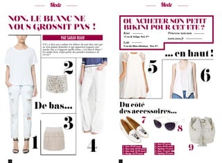 24 25
Ou acheter son petit
bikini pour cet ete  ?
9
S’il y a bien une couleur (en dehors du noir bien sûr) qui
ne sera jamais démodée et qui apportera toujours une
touche chic à n’importe quelle tenue, c’est bien le blanc !
Ça tombe bien, il fait partie des grandes tendances de
cet été !
2
PAR SARAH RIAHI
Non, le blanc ne
vous grossit pas  !
1. Zara 39,95 euros
2. New Look 24,95 euros
3. New Look 24,95 euros
4. Mango 34,99 euros
Mode Mode
3
4
5 6
7
Kiwi 
15 rue de Turbigo, Paris 2ème
Lolë 
9 rue des Blancs-Manteaux, Paris 4ème
Princesse tam.tam
www.asos.fr
1
De bas...
... en haut !
8
5. Asos 42 euros
6. Zara 39,95 euros
7. Topshop 75 euros
8. Asos 13 euros
9. Topshop 59 euros
Du côté
des accessoires...
 