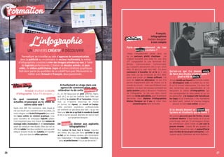 2726
L'infographie
UN UNIVERS CRÉATIF À DÉCOUVRIR
Mon stage
Arnaud, étudiant en école
d’infographie, futur FX designer.…
En quoi consistent tes études
actuelles et pourquoi as-tu choisi de
suivre cette voie ?
Après mon BAC Pro commerce, dans lequel je
me suis inscrit sans vraiment savoir où j’allais, j’ai
voulu intégrer une écoled’infographie pour avoir
des bases solides en création graphique, mais
aussi connaître les principaux logiciels utilisés.
C’est important pour moi d’avoir des notions de
montage vidéo, d’animation et de vectorisation
avant de continuer mes études. Mon but est en
effetdevalidermesdeuxannéesici,pourpouvoir
intégrer ensuite l’école des Gobelins et travailler
plus tard dans les effetsspéciaux.
Actuellement en stage dans une
agence de communication, que
retiendras-tu de cette expérience ?
Ici, on fait beaucoup de print (affiches, flyers,
pub, etc.), ce qui me conforte dans l’idée que
je préfère la création 3D et l’animation. Malgré
tout, ça m’apporte beaucoup de choses
en termes de rigueur, de travail en équipe.
Cette première expérience professionnelle
est vraiment un plus pour plus tard : j’ai pu me
faire une idée de ce qu’était le monde du travail
et de ce qu’on pouvait attendre de moi en tant
que graphiste designer.
Un conseil à donner aux aspirants
infographistes ?
Être curieux de tout, tout le temps, regarder
des vidéos, des clips, des films, surveiller ce qui
se fait sur les réseaux sociaux, afin d’entretenir
son imagination ! Et puis travailler, beaucoup,
pour se perfectionner. Il n’y a pas de secret !
Permettant de travailler au sein d’agences de communication,
dans la publicité ou encore dans le secteur multimédia, le métier
d’infographiste consiste à créer des images animées ou non, à l’aide
de logiciels perfectionnés. Création de dessins animés, de jeux
vidéo, de vidéos publicitaires, logos et autres créations graphiques
font donc partie du quotidien de ce créatif hors pair. Découverte du
métier avec Arnaud et François, deux passionnés…
Formation
27
Entretien
François,
infographiste
motion designer
à son compte
Parle-nous rapidement de ton
parcours scolaire ?
J’étais complètement perdu donc j’ai
eu un parcours plutôt chaotique : j’ai
d’abord enchaîné une 2nde ES, une 1ère
STT comptabilité et une Terminale ACC
(Action Communication Commerciale),
qui n’avaient strictement rien à voir entre
elles. Et puis j’ai raté mon BAC. J’ai donc
commencé à travailler ici et là et 2 ans
plus tard, j’ai pu m’inscrire en BTS MUC
parce que j’avais un niveau suffisant. J’ai
suivi les cours en alternance, ce qui m’a
permis d’apprendre plein de choses sur le
monde du travail… mais pas d’obtenir mon
diplôme. J’ai donc de nouveau enchaîné les
petits boulots jusqu’à découvrir l’existence
de l’infographie. Je me suis alors inscrit
dans une école spécialisée, pour finalement
décrocher mon diplôme d’Infographiste
Motion Designer en 2 ans et créer mon
autoentreprise dans la foulée.
Qu’est-ce qui t’a donné envie
de faire des études d’infographie ?
Quel a été le déclic ?
Je suis tombé par hasard sur la fiche métier
du développeur web en surfant sur le net.
Et je l’ai trouvé intéressante. J’ai donc fait
des recherches plus approfondies et j’ai
découvert le métier d’infographiste, qui
me correspondait en tous points et sur un
en particulier : j’ai toujours été fasciné par
les logos et je m’amusais à les reproduire
en étant petit. Jamais je n’aurais imaginé
pouvoir en faire mon métier un jour !
Si tu devais donner un conseil aux
lycéens et étudiants qui te lisent ?
Ne surtout pas avoir peur de l’échec, ne pas
se laisser abattre. Il faut tenter et si ça ne
marche pas, tant pis ! Il est toujours temps
de commencer autre chose et j’en suis la
preuve vivante : j’avais 28 ans quand j’ai
finalement trouvé ma voie, et aujourd’hui je
suis à la tête de ma propre entreprise, 2 ans
à peine après l’obtention de mon diplôme !
 