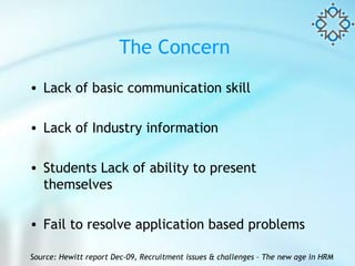 The Concern  Lack of basic communication skill Lack of Industry information Students Lack of ability to present themselves Fail to resolve application based problems Source: Hewitt report Dec-09, Recruitment issues & challenges – The new age in HRM  
