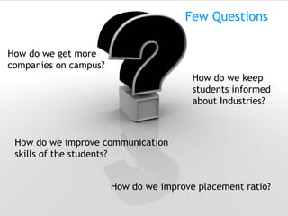 How do we improve placement ratio? How do we keep  students informed about Industries? How do we get more  companies on campus? How do we improve communication skills of the students? Few Questions 