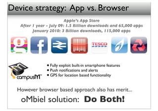 Device strategy: App vs. Browser
                          Apple’s App Store
   After 1 year - July 09: 1.5 Billion downloads and 65,000 apps
         January 2010: 3 Billion downloads, 115,000 apps




                • Fully exploit built-in smartphone features
                • Push notiﬁcations and alerts
                • GPS for location based functionality
  However browser based approach also has merit...
   oMbiel solution: Do Both!
 