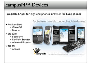 campusM™ Devices
Dedicated Apps for high-end phones, Browser for basic phones


• Available Now
    • iPhoneOS
    • Browser
• Q3 2010
    • Blackberry
    • DotMobi Browser
    • Advanced Browser
• Q1 2011
    • Android
 