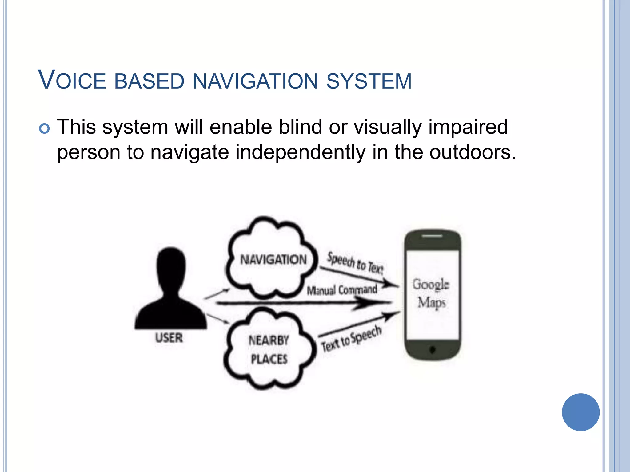VOICE BASED NAVIGATION SYSTEM
 This system will enable blind or visually impaired
person to navigate independently in the outdoors.
 