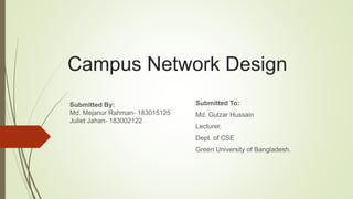 Campus Network Design
Submitted By:
Md. Mejanur Rahman- 183015125
Juliet Jahan- 183002122
Submitted To:
Md. Gulzar Hussain
Lecturer,
Dept. of CSE
Green University of Bangladesh.
 