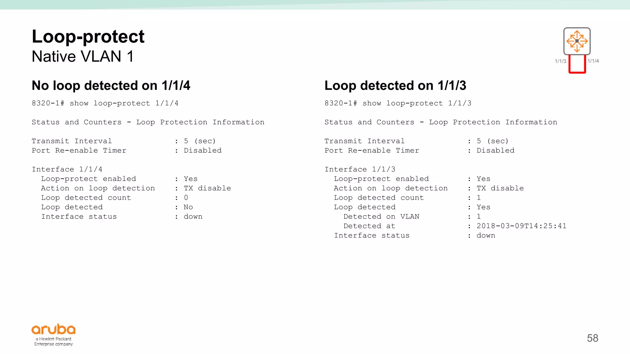 58
Loop-protect
Native VLAN 1
No loop detected on 1/1/4
8320-1# show loop-protect 1/1/4
Status and Counters - Loop Protection Information
Transmit Interval : 5 (sec)
Port Re-enable Timer : Disabled
Interface 1/1/4
Loop-protect enabled : Yes
Action on loop detection : TX disable
Loop detected count : 0
Loop detected : No
Interface status : down
Loop detected on 1/1/3
8320-1# show loop-protect 1/1/3
Status and Counters - Loop Protection Information
Transmit Interval : 5 (sec)
Port Re-enable Timer : Disabled
Interface 1/1/3
Loop-protect enabled : Yes
Action on loop detection : TX disable
Loop detected count : 1
Loop detected : Yes
Detected on VLAN : 1
Detected at : 2018-03-09T14:25:41
Interface status : down
1/1/3 1/1/4
 